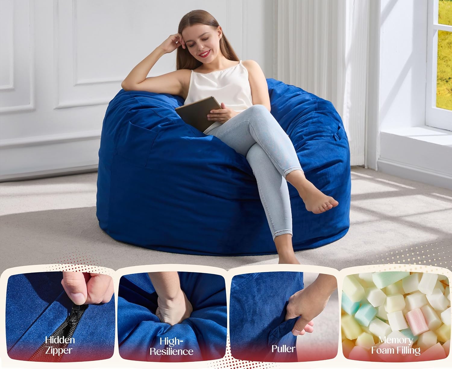 Hobestluk Giant Bean Bag Chair Bed for Adults, Large Bean Bags with High-Density Foam Filling, Convertible Big Sofa Bed Couch for Living Room, Bedroom, Playroom (Blue, Twin)