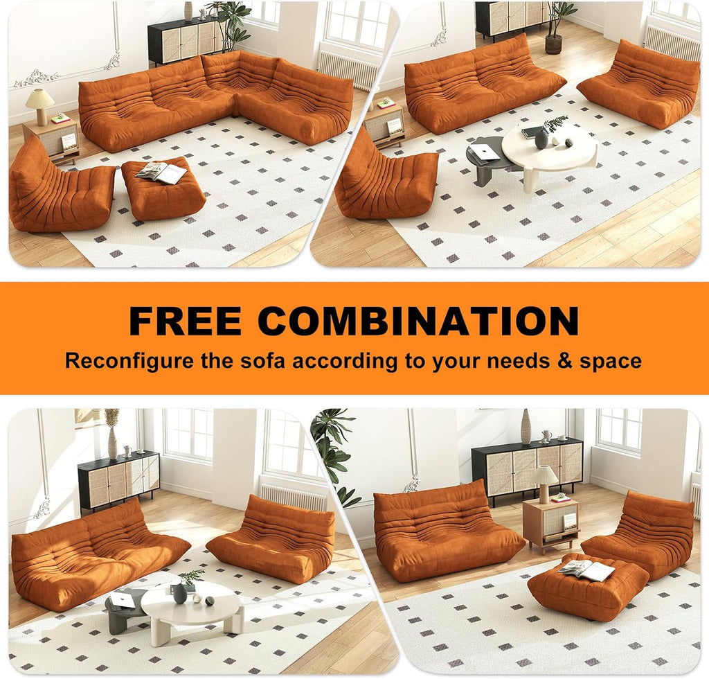 Full Foam Three Seater Sofa – Bean Bag Chairs Floor Couch for Adults, Waterproof Upholstery, Armless Fireside Lounge Chair for Living Room, Apartment, or Office (DarkOrange)
