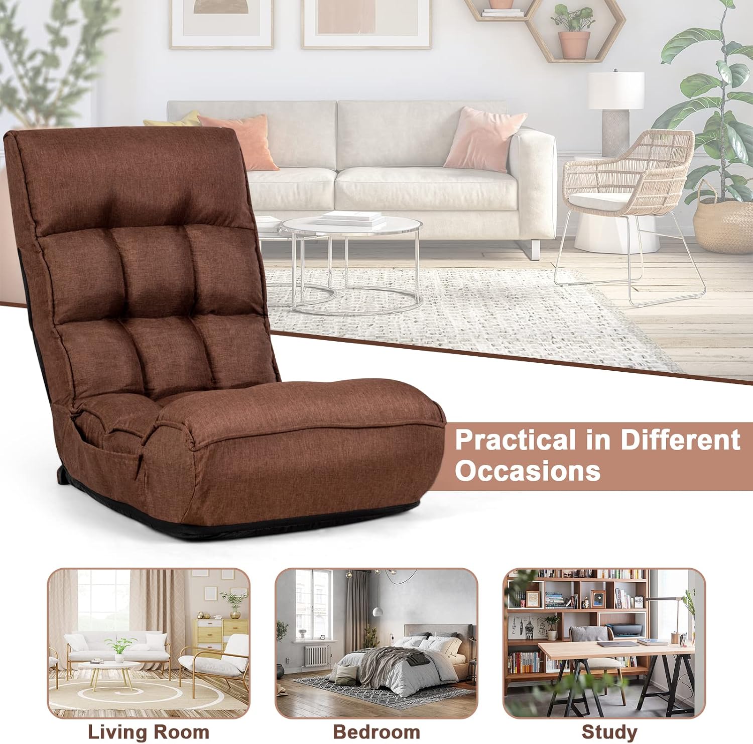 COSTWAY Folding Floor Lounge Chair, Floor Gaming Chair with 5-Position Adjustable Head & 4-Position Adjustable Backrest, Indoor Lazy Sofa Recliner for Bedroom, Living Room (Brown)