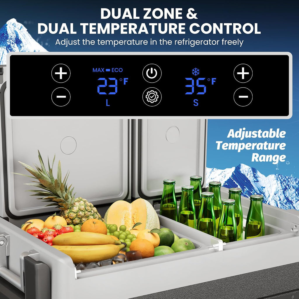 GarveeTech 51 QT Car Refrigerator, 12V Portable Electric Freezer, Dual Zone -4℉-68°F, App Control, Movable Wheels, for Camping, Picnic, Travel, Road Trip, Home, 12/24V DC & 110/240V AC