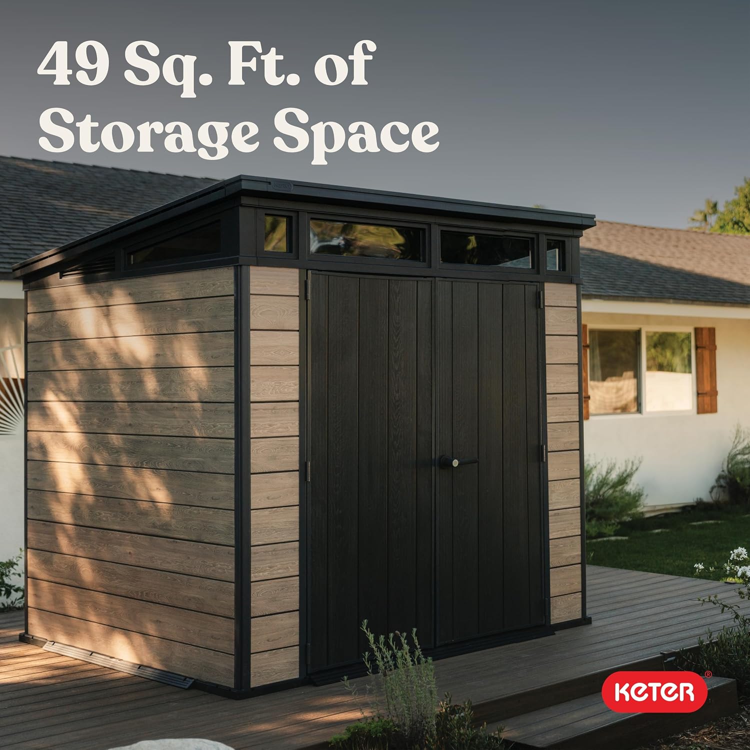 Keter Signature Collection 7x7 Ft All-Weather Storage Shed with Skylight, Window, Built-in Ventilation, & Lockable Double Doors, Ashwood