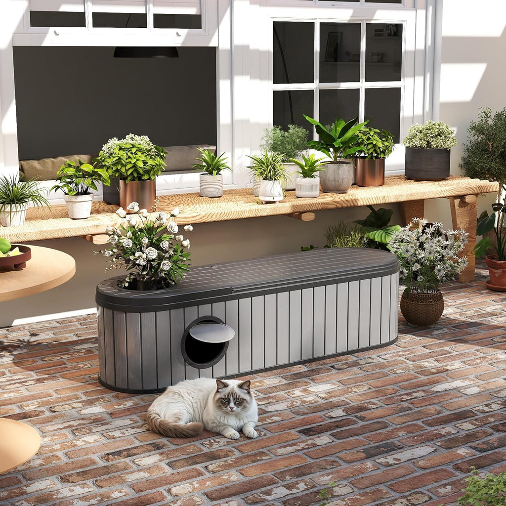 72 Gallon Storage Bench Deck Box Resin Patio Furniture with Armrest, Waterproof and UV Resistant Lockable for Patio Furniture, Garden Decor and Outdoor Seating for Cushions, Garden Tools