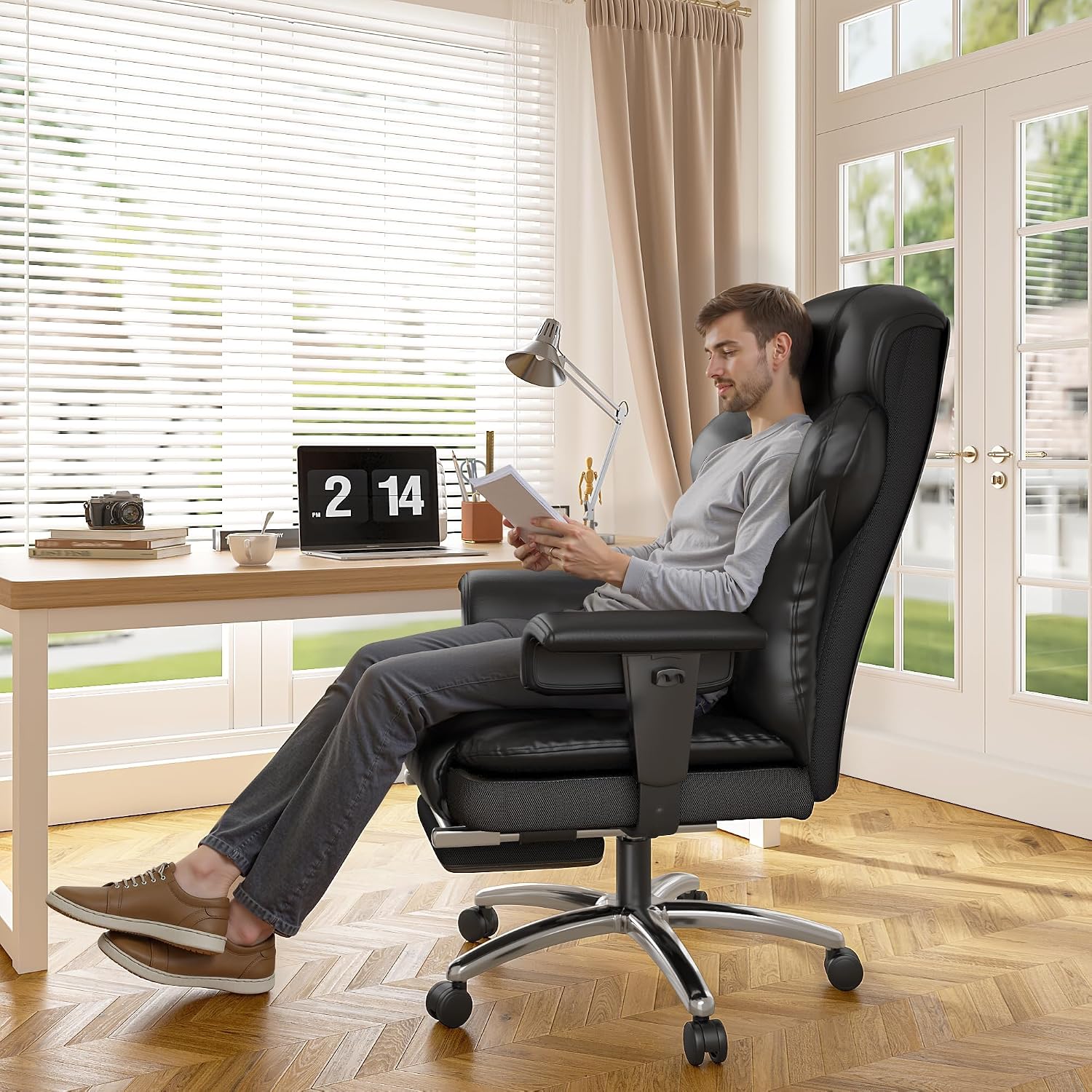 DurayLoly Big and Tall Office Chair with Footrest, Ergonomic Leather Office Desk Chair with Pocket Spring Cushion, 105°-135°Reclining & Height Adjustable, Ergonomic Computer Chair for Back Pain