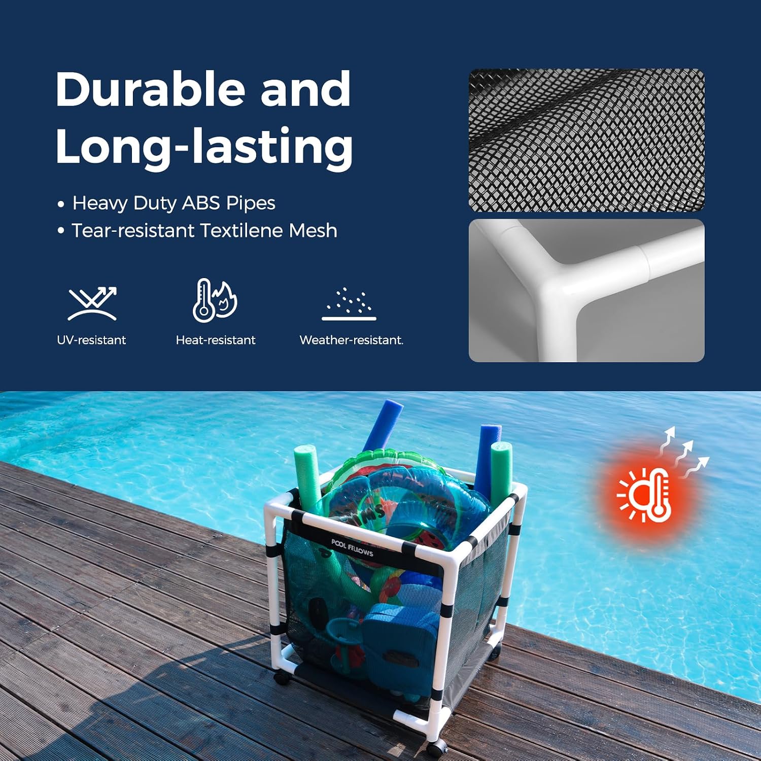 Pool Storage Bin, 105 Gallons, Holder for Noodles, Toys, Floats, Towels, Mesh Organizer for Swimming Equipments, Basic Pro Style