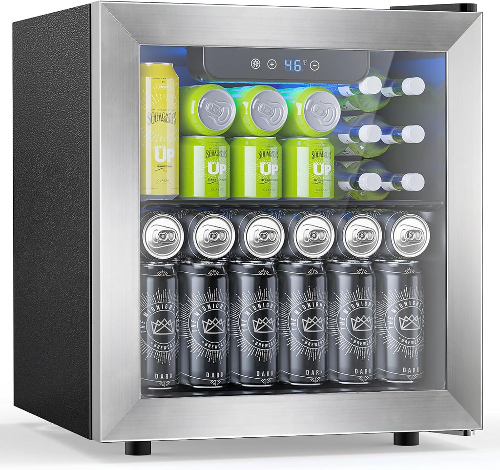 Electactic 48 Can Beverage Refrigerator,12 Bottle Wine Cooler with Stainless Steel Glass Door, Digital Temperature Display, Countertop Mini Fridge for Soda, Wine or Beer, Silver
