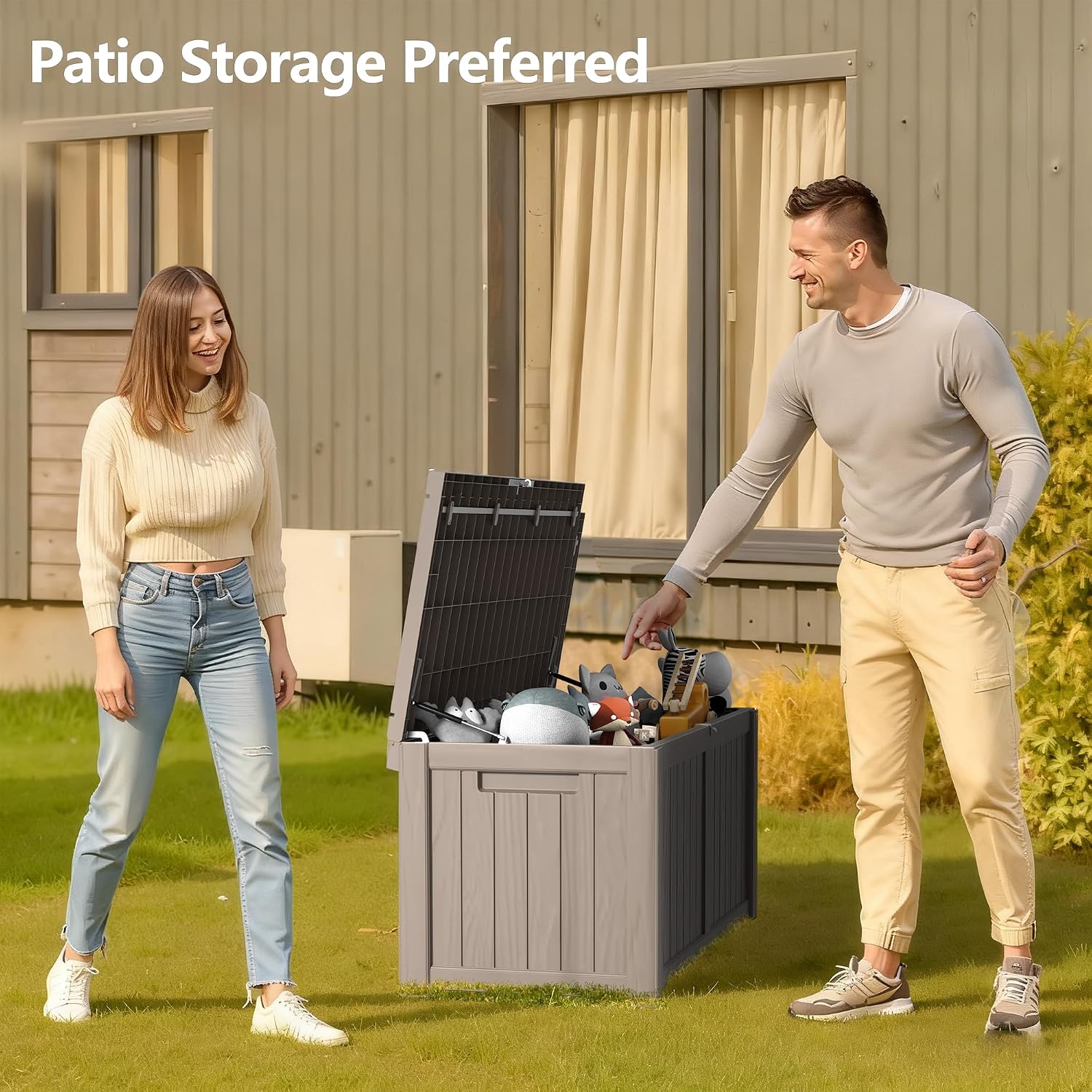 Zapdos Outdoor Storage Box, 120 Gallon Deck Box with Stainless Steel Rods, Waterproof Large Resin Storage Bin for Patio Cushions Garden Tools, Lockable Outside Storage Box, Grey