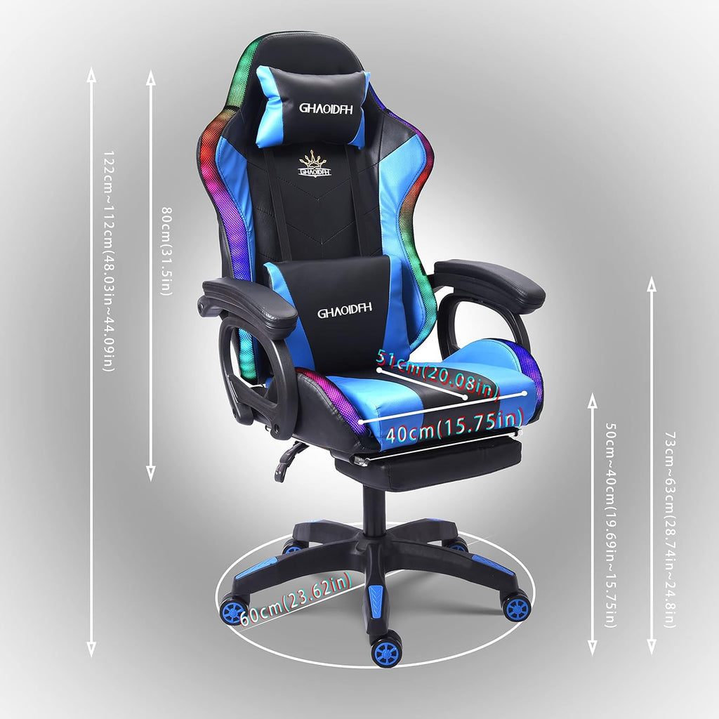 Massage Gaming Chair with Speakers and LED Light, Ergonomic Computer Gaming Chair with Footrest and Adjustable Lumbar Support, PU Leather, 90°-135°, Racing Video Gaming Chair.,Blue