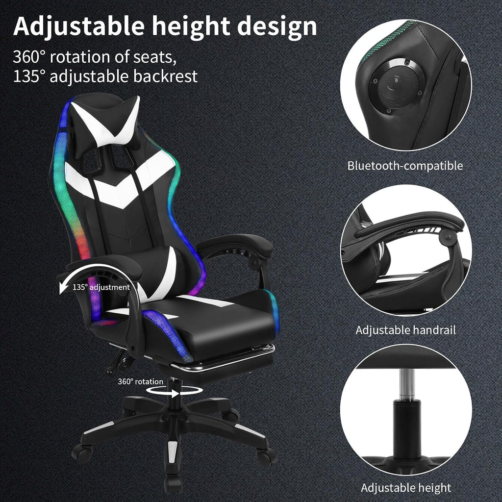 Gaming Chair with Bluetooth Speakers and LED Lights, Gamer Chair with Height Adjustable, Ergonomic Massage Computer Gaming Chair with Footrest, Video Game Chair with Lumbar Support for Adults