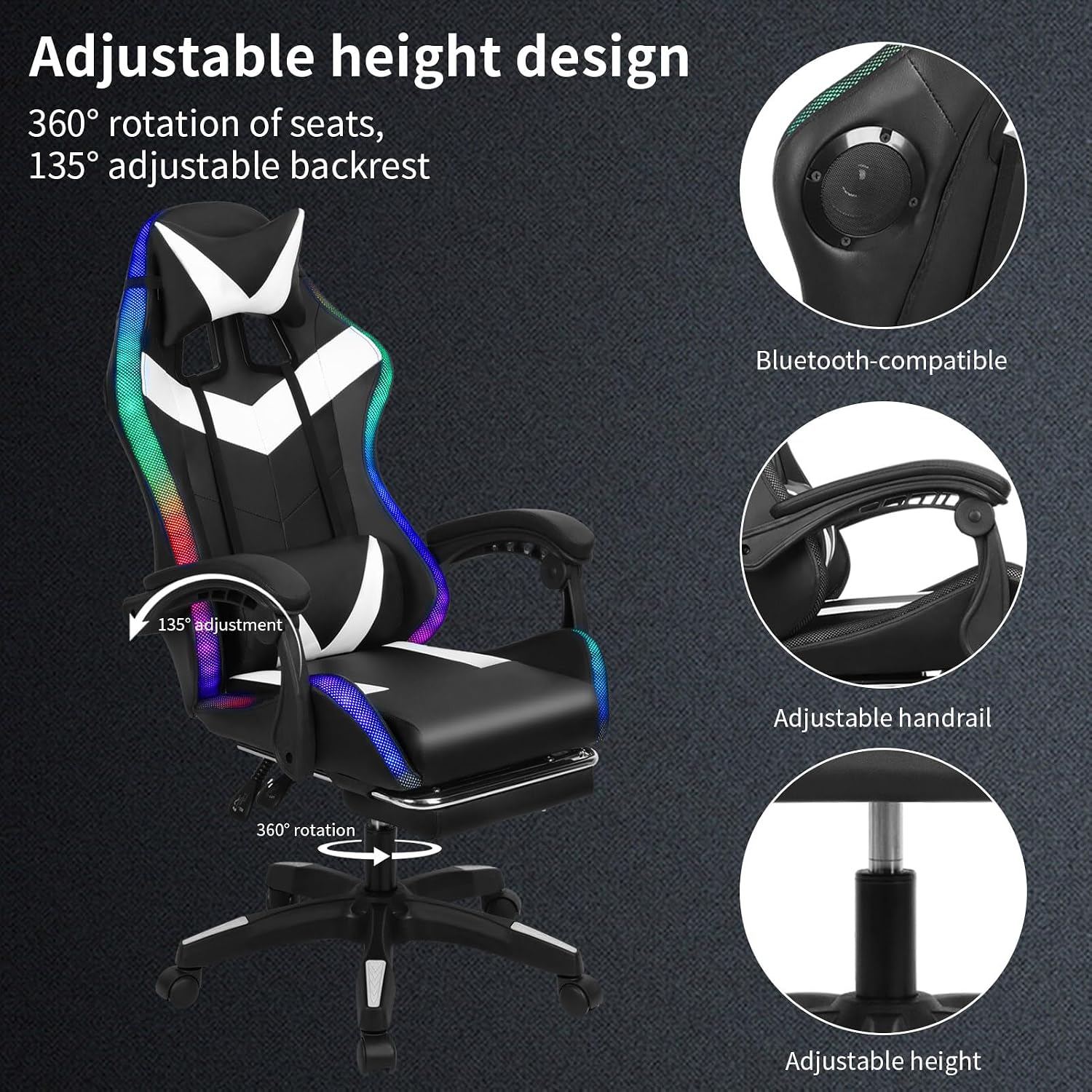 Gaming Chair with Bluetooth Speakers and LED Lights, Gamer Chair with Height Adjustable, Ergonomic Massage Computer Gaming Chair with Footrest, Video Game Chair with Lumbar Support for Adults