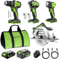 GREENWORKS 24V Combo (1/2' Drill + 1/4' Impact Driver + 6.5' Circular Saw + 200Lm Flashlight), 4.0Ah + 2.0Ah Batteries (24,000mAh PB), (2) Braided Cables, 65W Rapid Charger,High-Efficiency