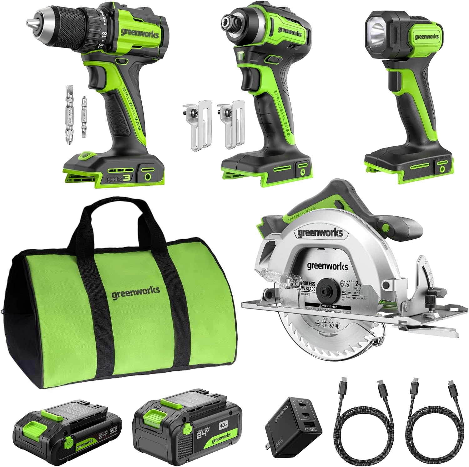 GREENWORKS 24V Combo (1/2' Drill + 1/4' Impact Driver + 6.5' Circular Saw + 200Lm Flashlight), 4.0Ah + 2.0Ah Batteries (24,000mAh PB), (2) Braided Cables, 65W Rapid Charger,High-Efficiency
