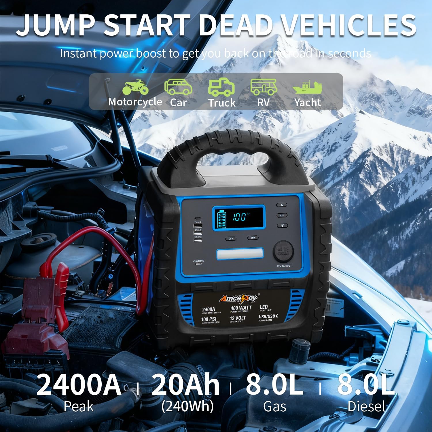 2400A Car Battery Jump Starter and Portable Power Station – Starts 8.0L Gas & 8.0L Diesel – 6-in-1 Jump Starter with Air Compressor 100 PSI Tire Inflator – 400 Watt Inverter AC/DC/USB Outlets
