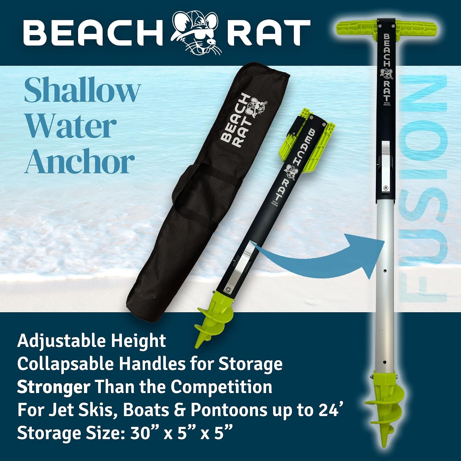Beach Rat Fusion Anchor & Storage Case - Jet Ski Anchor/Boat Anchor for Shallow Water and Sandbar - High Strength Telescoping Aluminum Pole & Plastic Boat Accessory - Sand Bar Anchor Kit
