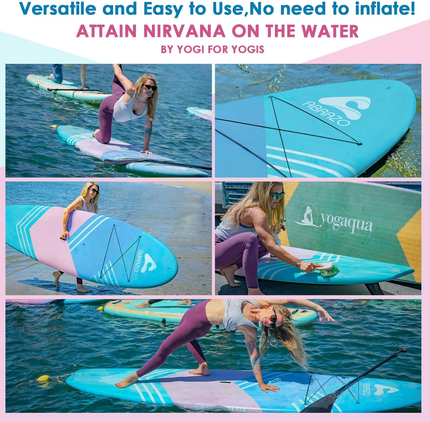 Abrazo YOGAqua 10'6' x 34' x 5' Rigid Stand Up Paddle Board, Extra Wide Hardboard Designed by Yoga Guru, Versatile Yoga SUP with Paddle/Ankle Leash/Bottom Fin, Non-Slip EVA Deck, Encased in Fiberglass