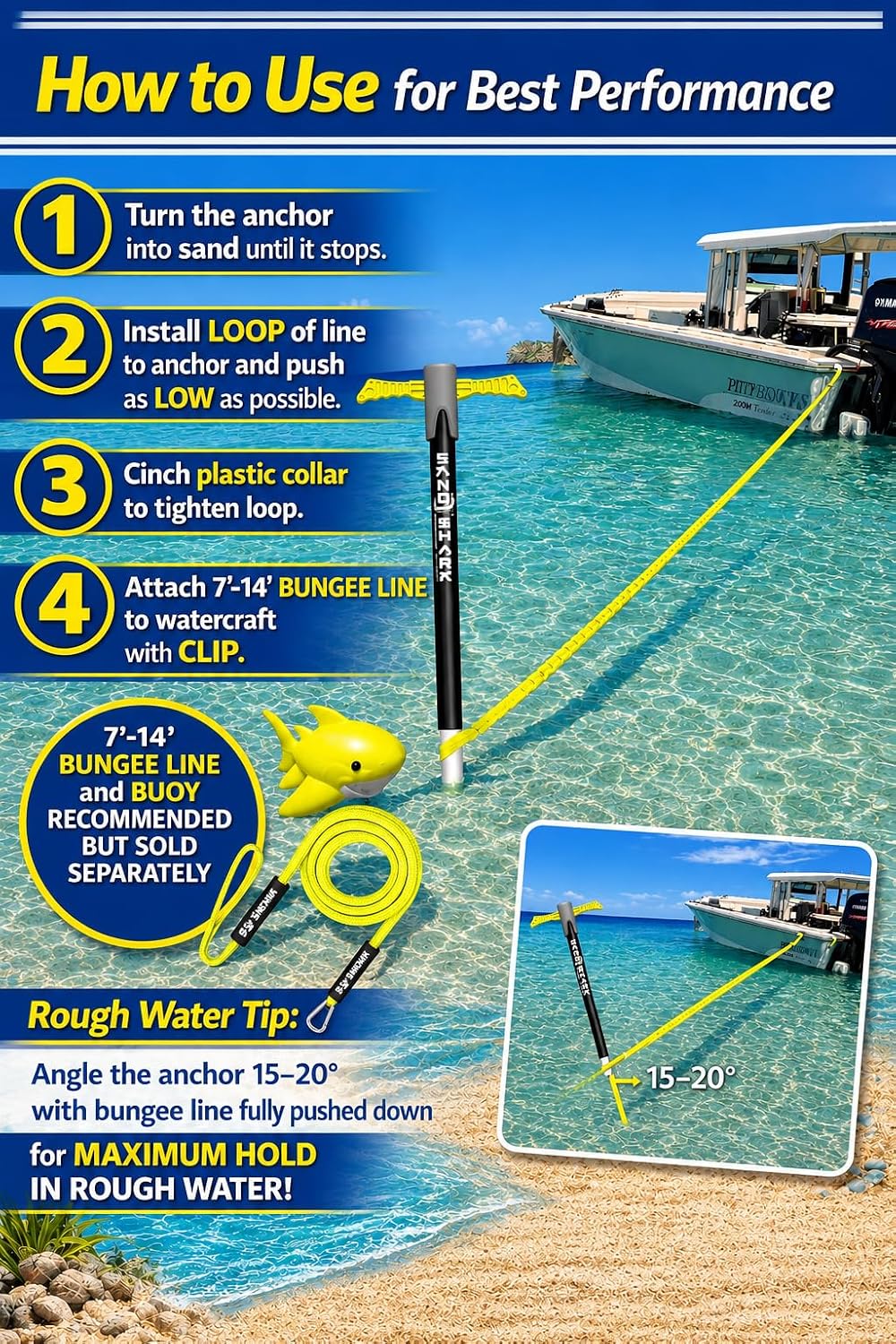 SandShark Supersport 3.0 Shallow Water Anchor - Great Jet Ski, PWC, Pontoon Boat Accessory - Adjusts 29'-48' w/Case