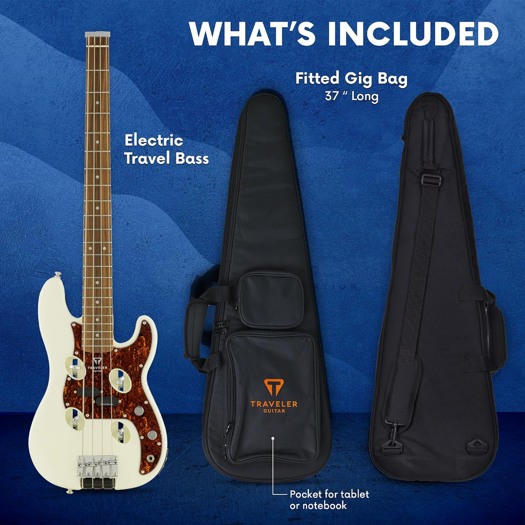 Traveler Guitar TB-4P Pearl White Bass | Travel Guitar with Aux-in | 4 String Bass Guitar with 22 Jumbo Frets | Full 32' Scale Portable Electric Bass Guitar | Headless Guitar with Custom Gig Bag