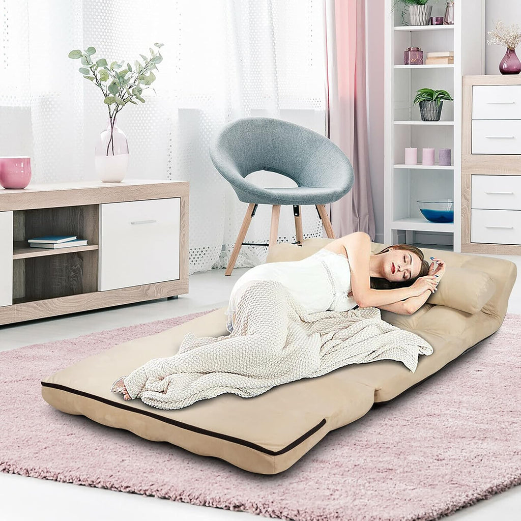 DORTALA Foldable Floor Sofa, 6-Position Adjustable Lounge Couch with 2 Pillows & Suede Cloth Cover, Modern Lounge Mattress Video Gaming Lazy Couch, Suede Floor Seating Sofa, 71' x 44.5', Beige