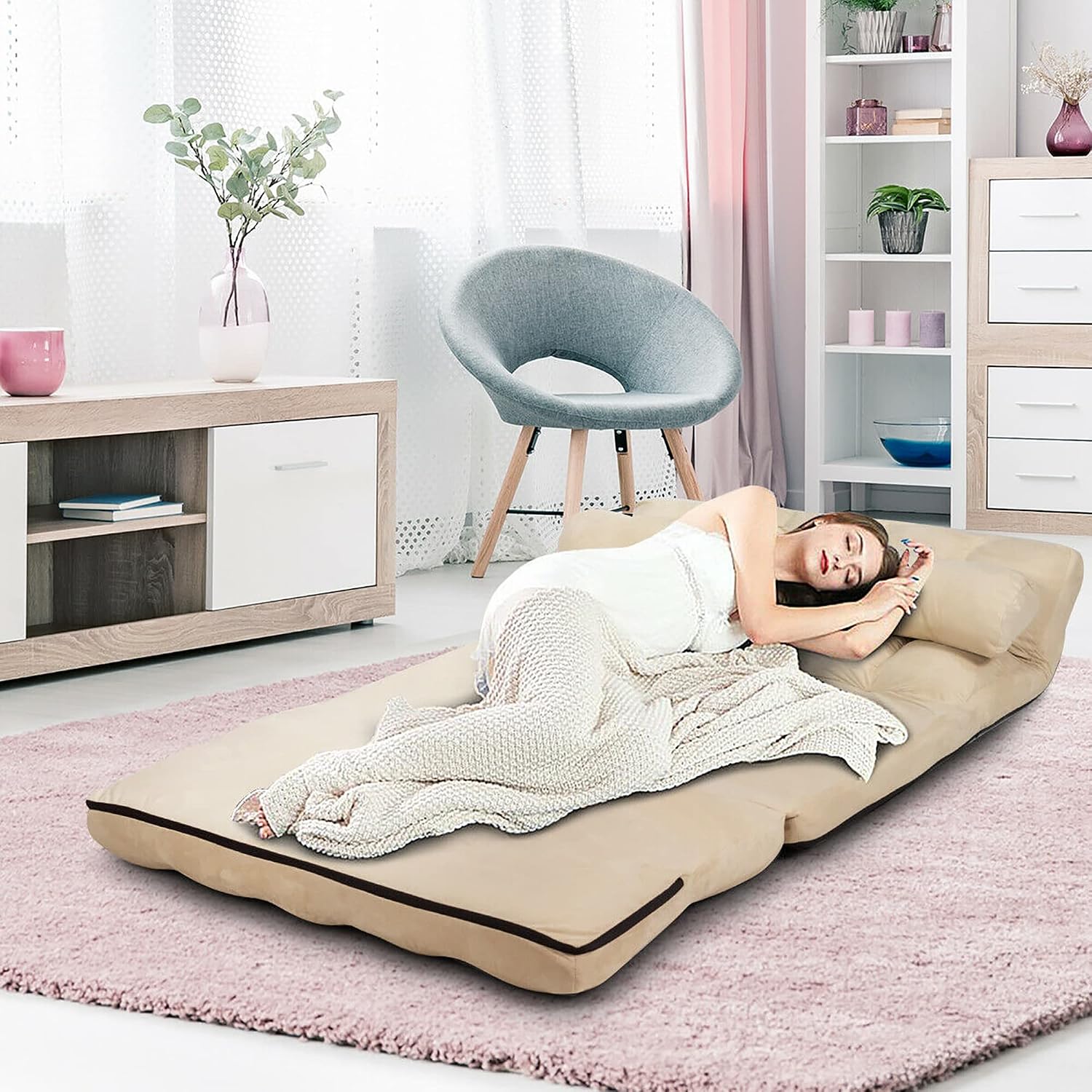 DORTALA Foldable Floor Sofa, 6-Position Adjustable Lounge Couch with 2 Pillows & Suede Cloth Cover, Modern Lounge Mattress Video Gaming Lazy Couch, Suede Floor Seating Sofa, 71' x 44.5', Beige
