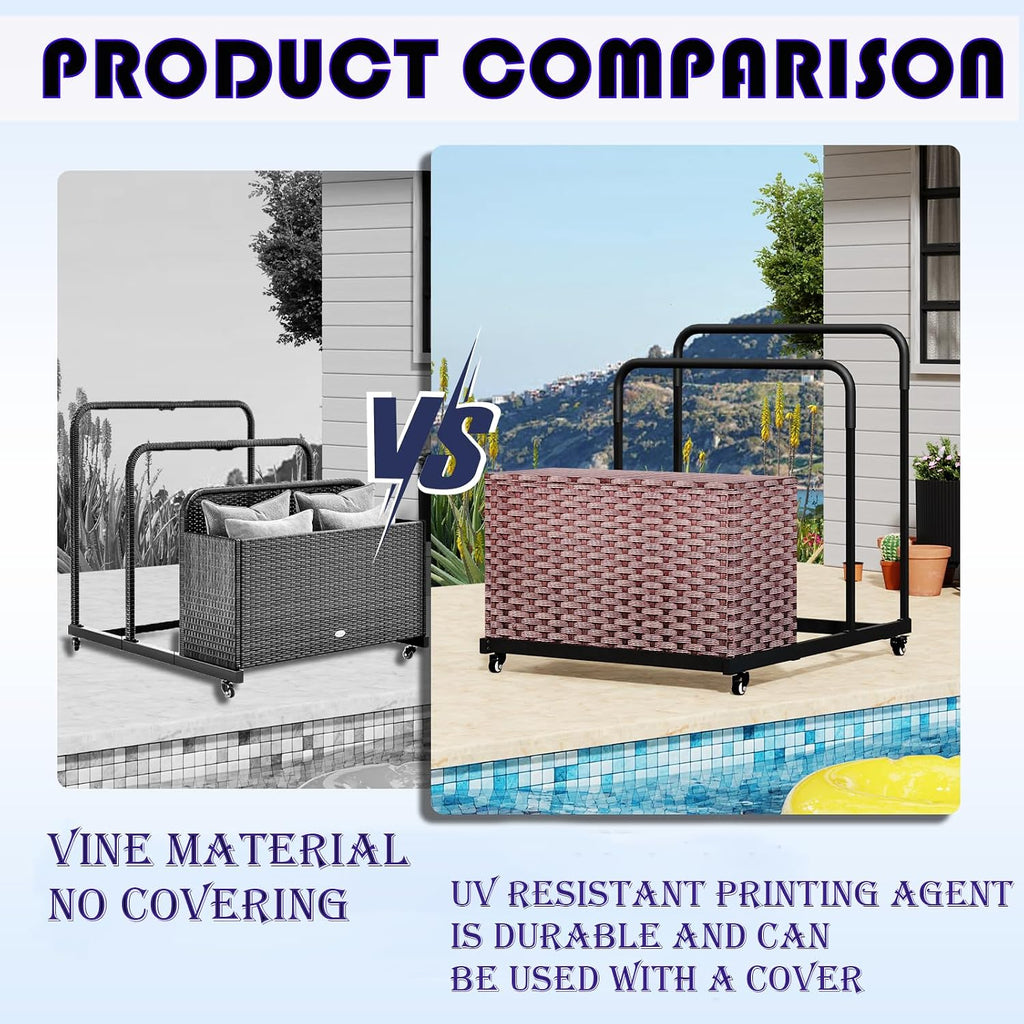 FONTOI Pool Storage, Pool Float Storage Bin with Wheels, Waterproof Metal with Rattan Pattern UV Print Outdoor Pool Towel Rack, All-Weather Float Storage Organizer for Cushions, Brown