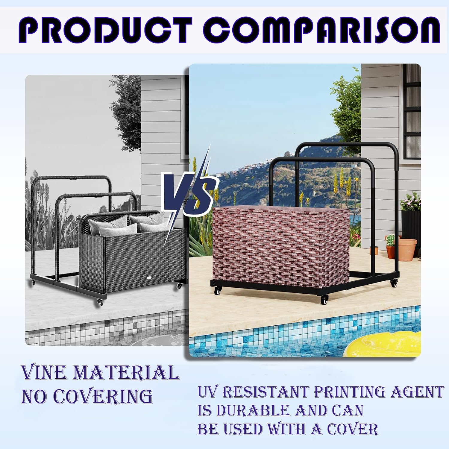 FONTOI Pool Storage, Pool Float Storage Bin with Wheels, Waterproof Metal with Rattan Pattern UV Print Outdoor Pool Towel Rack, All-Weather Float Storage Organizer for Cushions, Brown