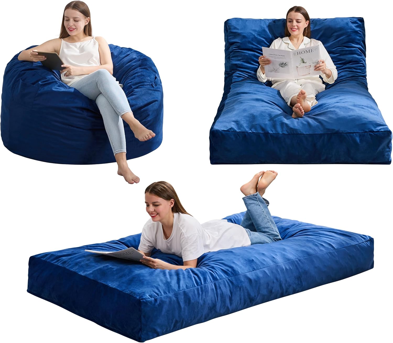 Hobestluk Giant Bean Bag Chair Bed for Adults, Large Bean Bags with High-Density Foam Filling, Convertible Big Sofa Bed Couch for Living Room, Bedroom, Playroom (Blue, Twin)