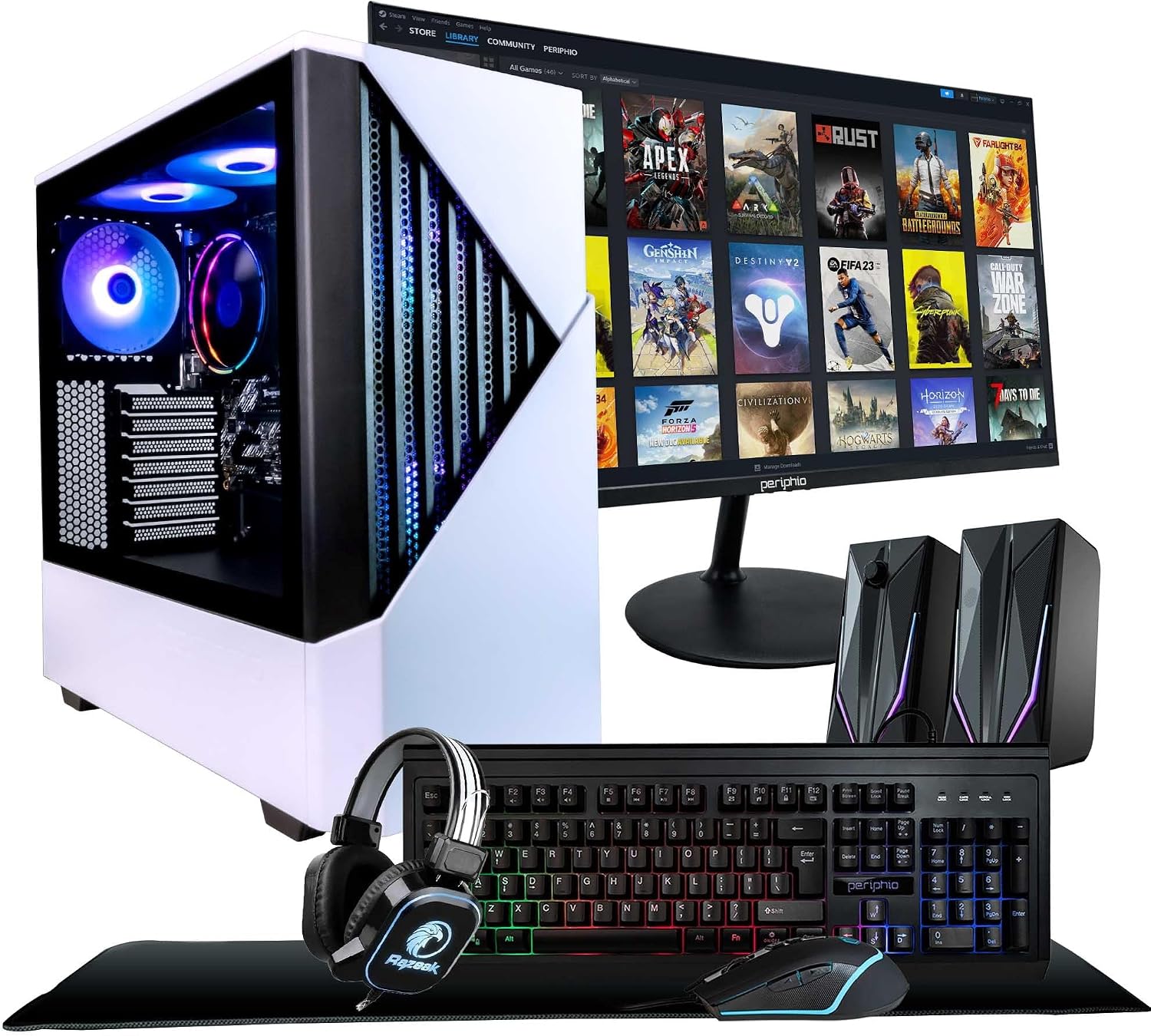 Periphio Castle Gaming PC, AMD Ryzen 5 5600GT up to 4.6GHz with Radeon Vega 7 Graphics, 16GB RAM, 1TBNVMe SSD, WiFi, Windows 11 Home, White, 1080p Gaming Computer - Full RGB Gamer Bundle, 24' Monitor