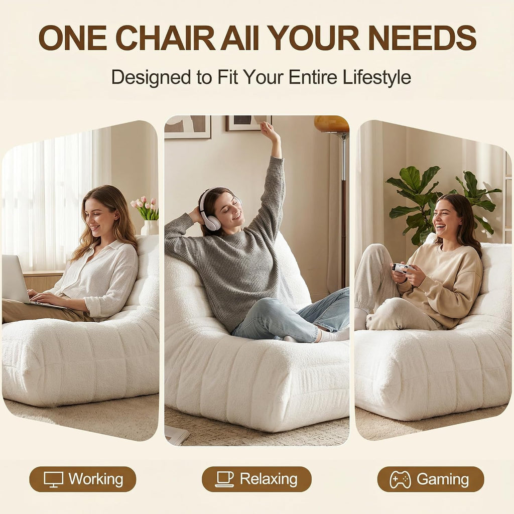 Gazecaia Comfy Bean Bag Chair for Adults Teens | Fireside Floor Lounge Chair, Soft Teddy High-Resilience Memory Foam Bean Bag Couch with Non-Slip Base, for Living Room Bedroom Apartment Office, Beige
