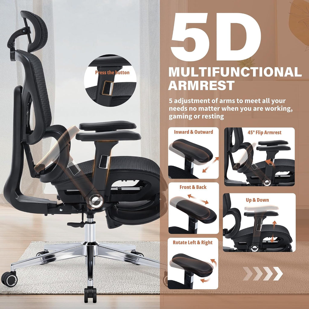 High Back Mesh Ergonomic Office Chair with 3D Lumbar Support, Adjustable Headrest & Backrest, 5D Armrests, Footrest, Swivel Computer Desk Chair with Heavy Duty Metal Base, 400lbs Weight Capacity