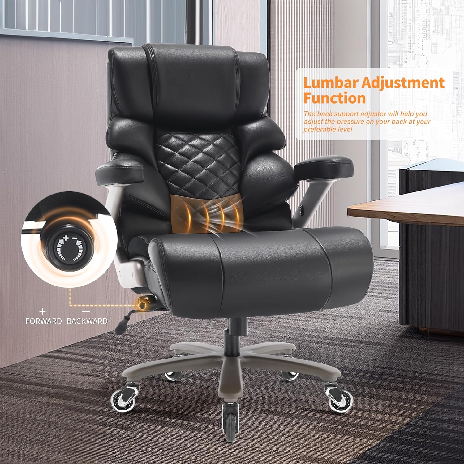 VUZI 700lbs Big and Tall Office Chair-Large Computer Chair with Adjustable Lumbar Support 3D Flip Arms Plus Size Wheels, High Back Executive Desk Chair, Heavy Duty Metal Base, Thick Padded Wide Seat