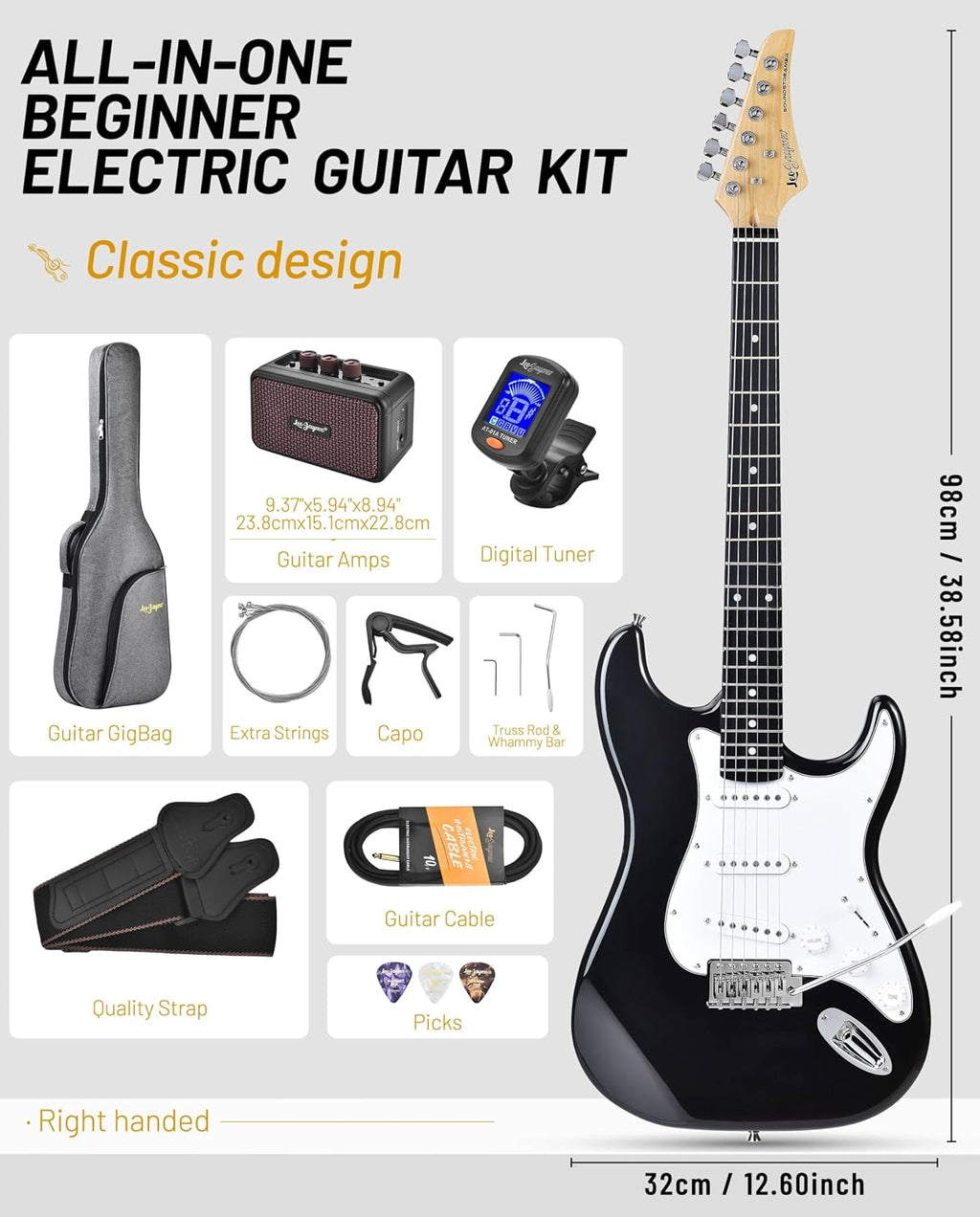 Leo Jaymz Beginner Electric Guitar Complete Kit with Portable Amp, Padded Gig Bag & Full Accessories, Maple Neck SSS Pickups(Black)