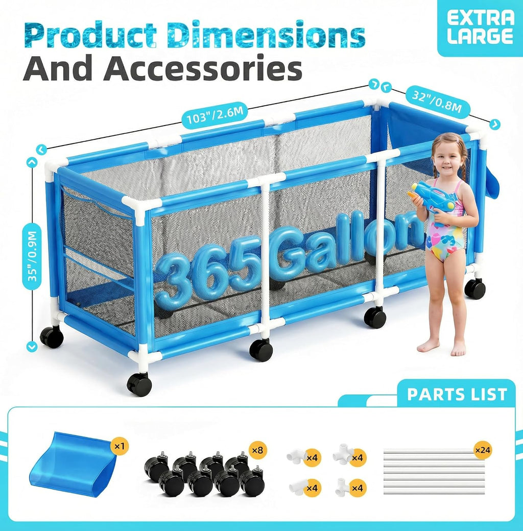 Jotesnew 365 Gallon 103' Pool Storage Bin XXXL Extra Large Swimming Pool Float Storage Bin, Pool Noodles Holder, Toys, Floats and Balls Mesh Rolling Storage Organizer Bin, 103' Lx32 Wx35 H (Blue)
