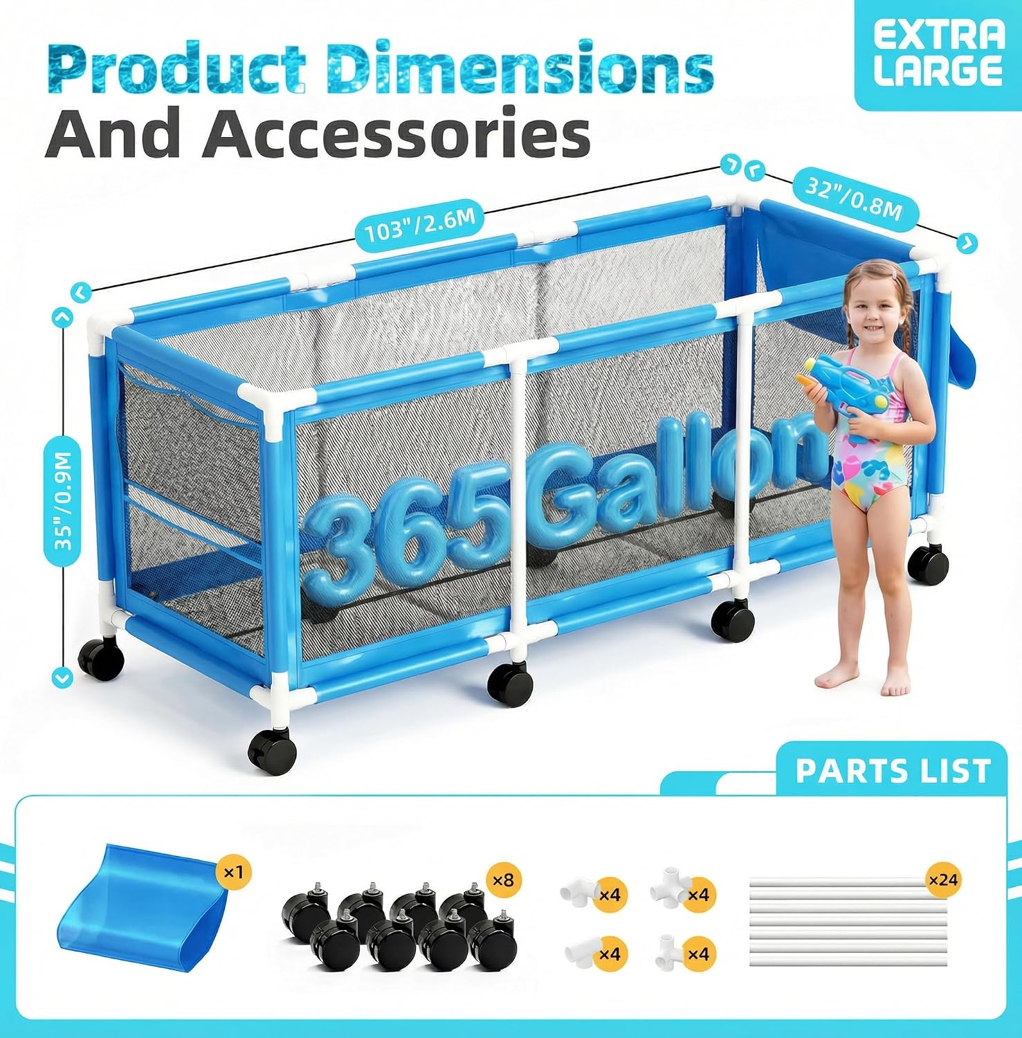 Jotesnew 365 Gallon 103' Pool Storage Bin XXXL Extra Large Swimming Pool Float Storage Bin, Pool Noodles Holder, Toys, Floats and Balls Mesh Rolling Storage Organizer Bin, 103' Lx32 Wx35 H (Blue)