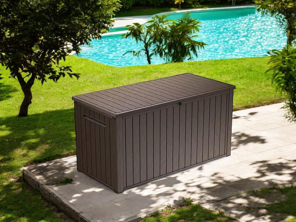 Stylish Indoor/Outdoor Storage Deck Box,Resin,Large Capacity, Weather-Resistant, Lockable lid and Side handles. (Brown, 170 Gallon)