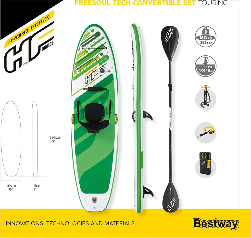 HYDRO FORCE Bestway Freesoul Tech Convertible SUP Set, Inflatable Stand Up Paddle Board with Seat, Green, 11ft 2'