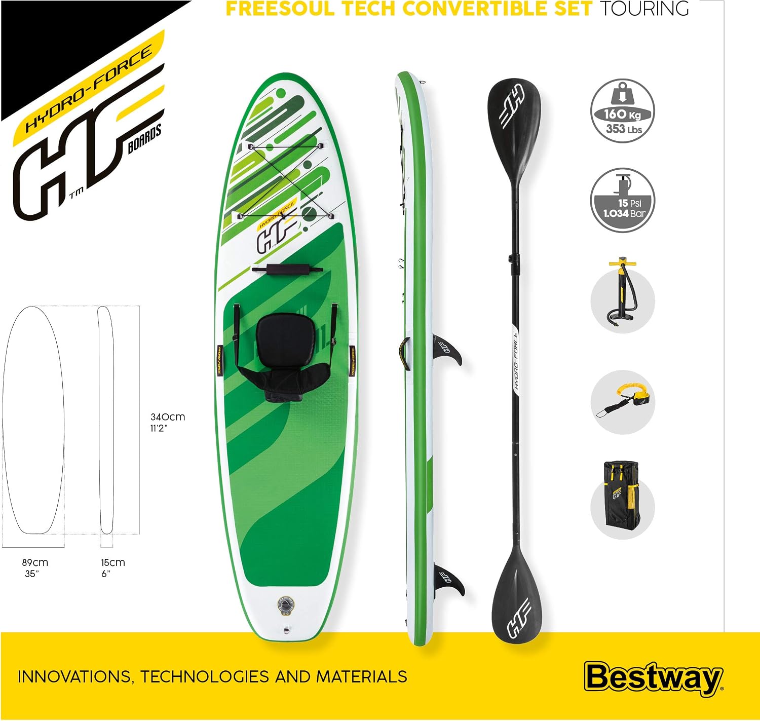 HYDRO FORCE Bestway Freesoul Tech Convertible SUP Set, Inflatable Stand Up Paddle Board with Seat, Green, 11ft 2'