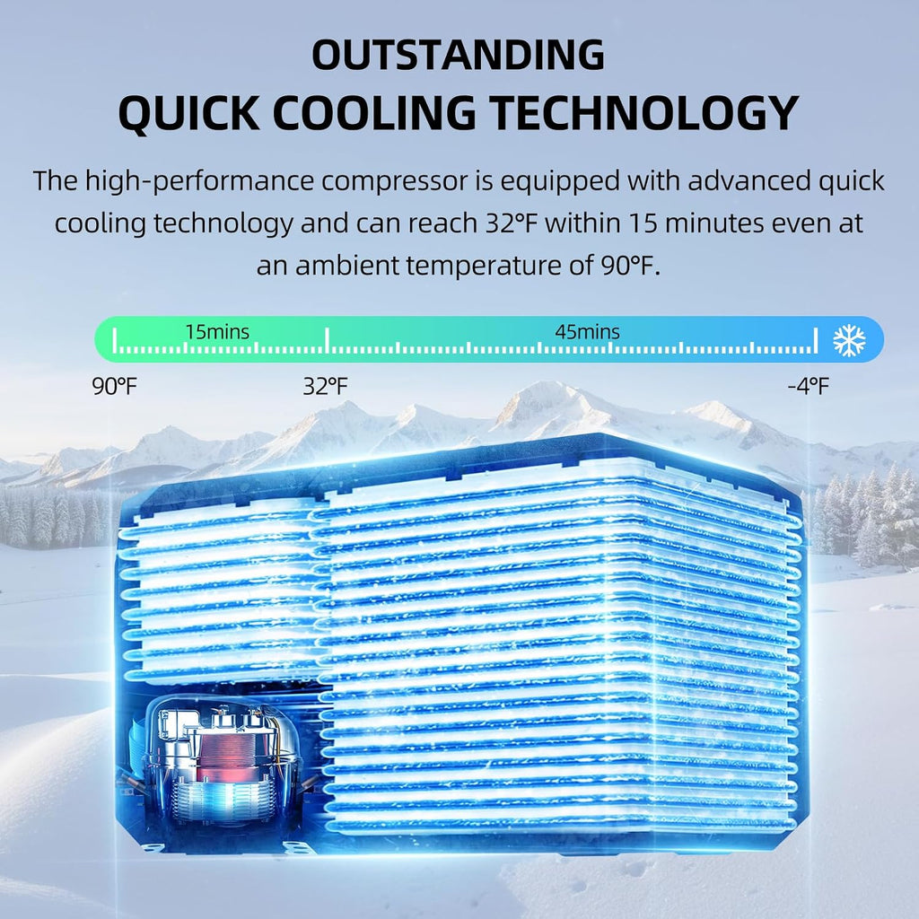 25L Car Refrigerator Freezer, 27QT Dual-Compartment Portable Cooler with Reversible Door, 100–240V AC / 12V / 24V DC Powered, Touchscreen Control, LED Light, -4℉ to 68℉, Ice Blue