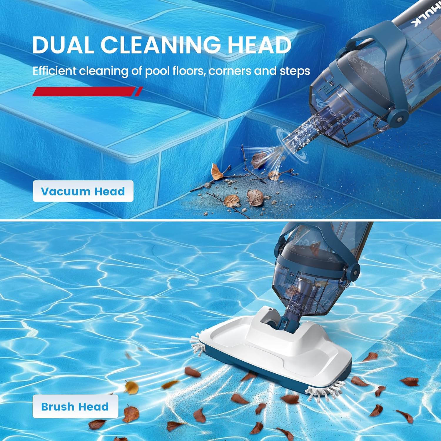 ENHULK Pro Cordless Pool Vacuum - 18.5 GPM Powerful Suction, 70min Runtime & 13.4' Wide Head, XL Capacity Handheld Rechargeable Pool Cleaner for Inground/Above Ground Pools with Telescopic Pole, PC18