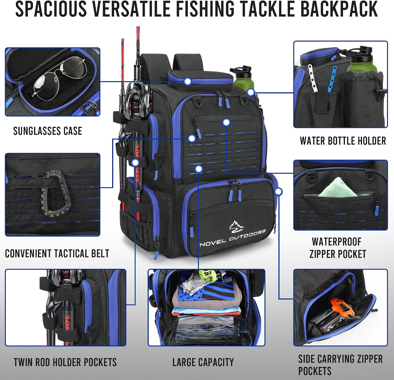 Large Fishing Backpack with 4 Tackle Boxes - Waterproof Fishing Tackle Backpack with Fishing Rod Holder - Heavy Duty 43L Fishing Tackle Box for your Fishing Lures and Fishing Gear