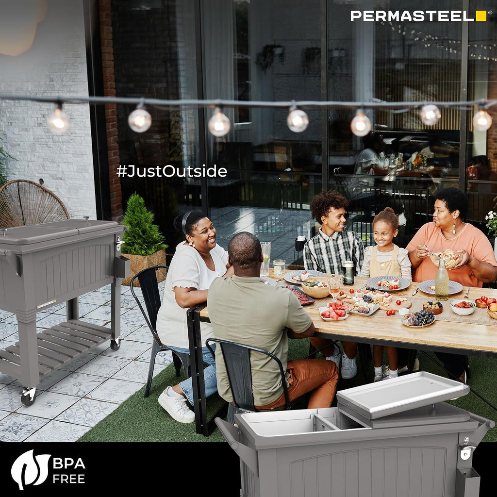 Permasteel Party Cooler with Divider, Spacious 80-Qt Capacity, Chills 36hrs, Serving Tray, Rolling Ice Chest for Indoor and Outdoor Entertainment, Matte Gray