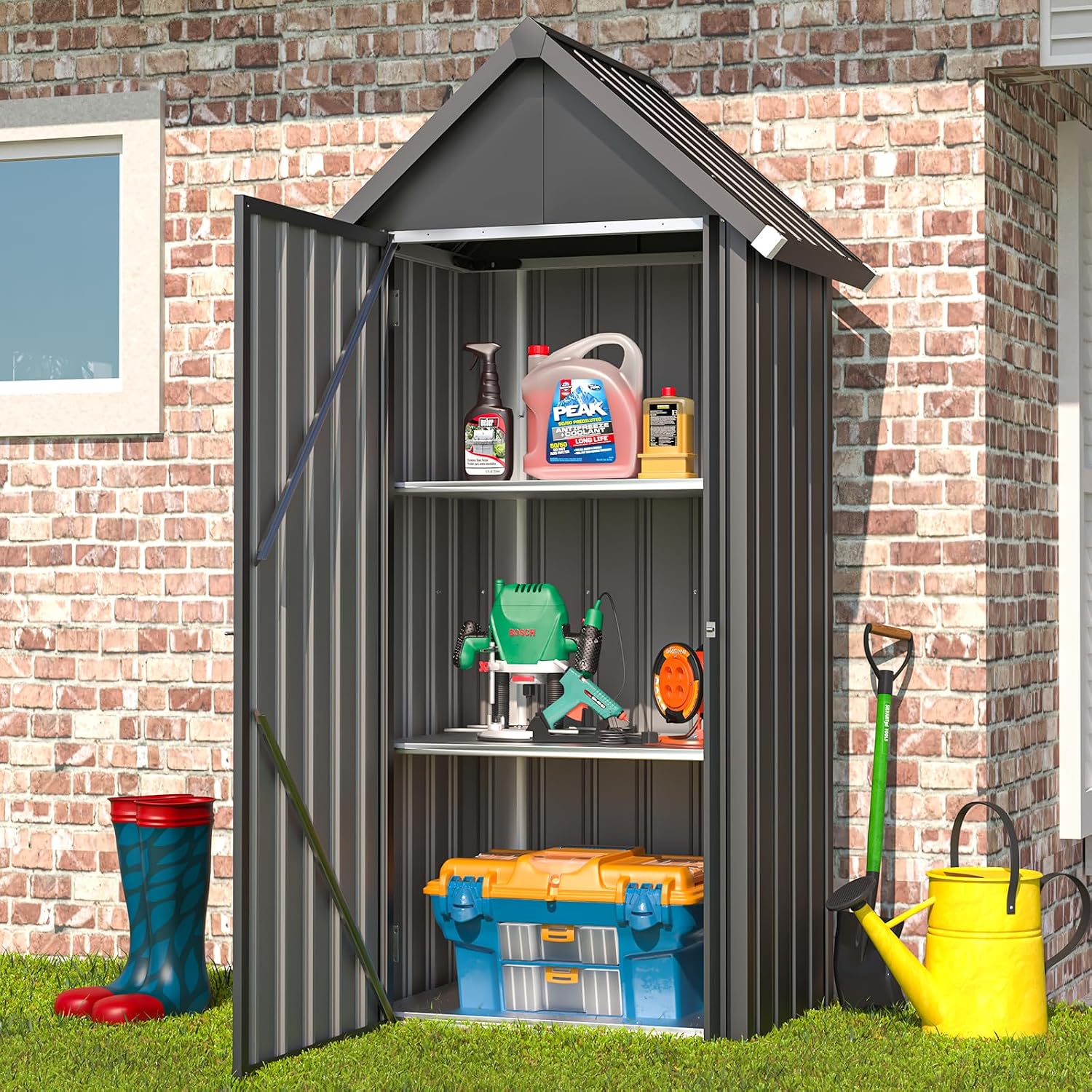AECOJOY Outdoor Storage Cabinet Waterproof, Vertical Tall Outdoor Storage Cabinet with Shelves, All Weather Metal Vertical Storage Shed & Outdoor Cabient for Garden in Dark Grey