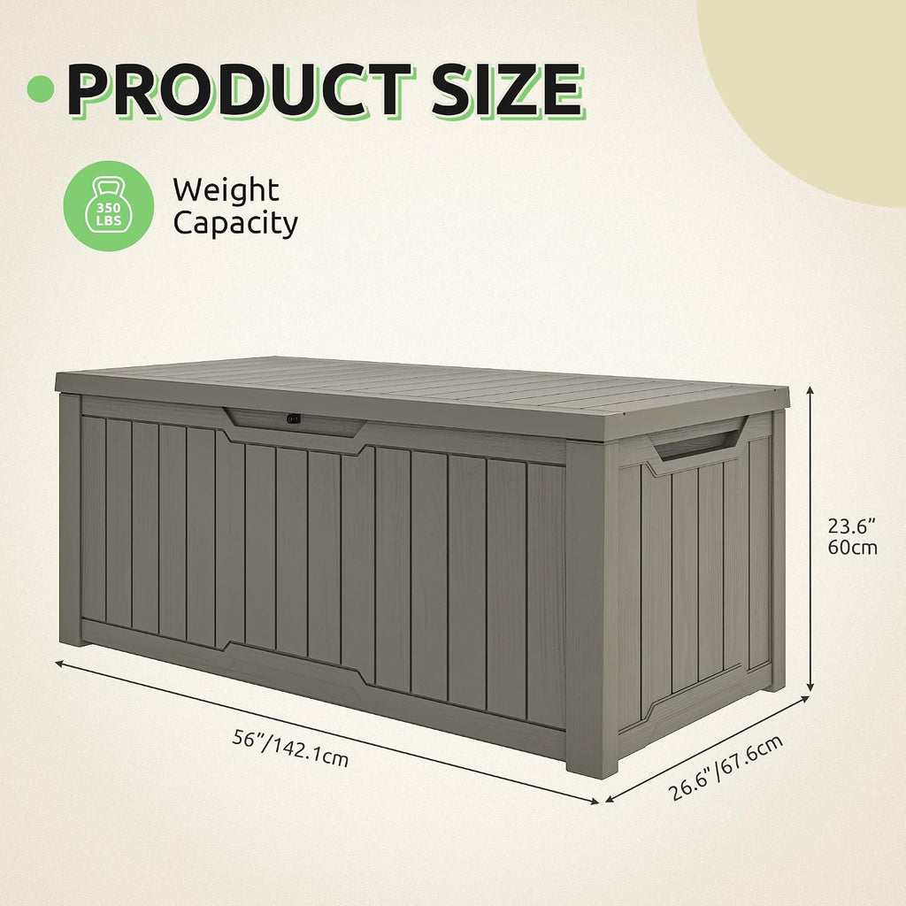 GOOBED 120-Gallon Deck Box, Waterproof Outdoor Storage Chest for Garden Tools, Pool Supplies, and Sports Gear, Lockable Lid, Multi-Purpose Bench or Table, Easy Assembly (Taupe