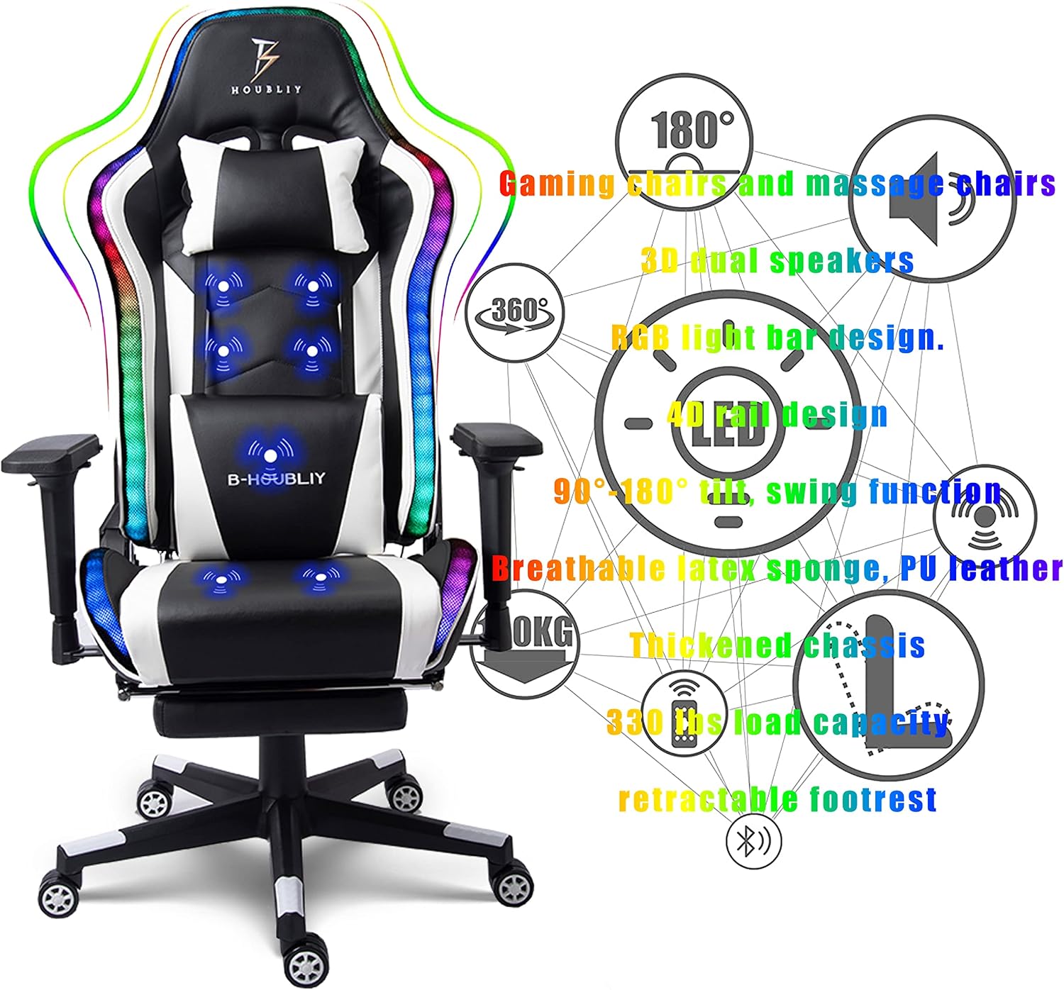 Gaming Chair with Speakers, Ergonomic Massage PC Chair, Comfortable Computer Recliner with Footrest and Adjustable Lumbar Support, Video Gaming Chair for Adult Kids.,White