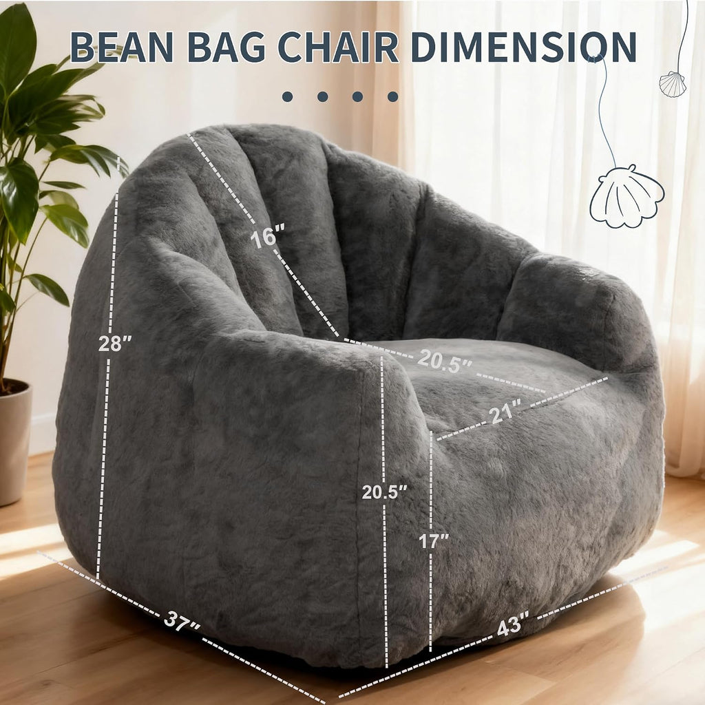 Bean Bag Chair, Giant Beanbag Chiars for Adults, Faux Fur Shell-Shaped Floor Sofa with Filler, Comfy Chair for Reading, Gaming and Relax (Grey)