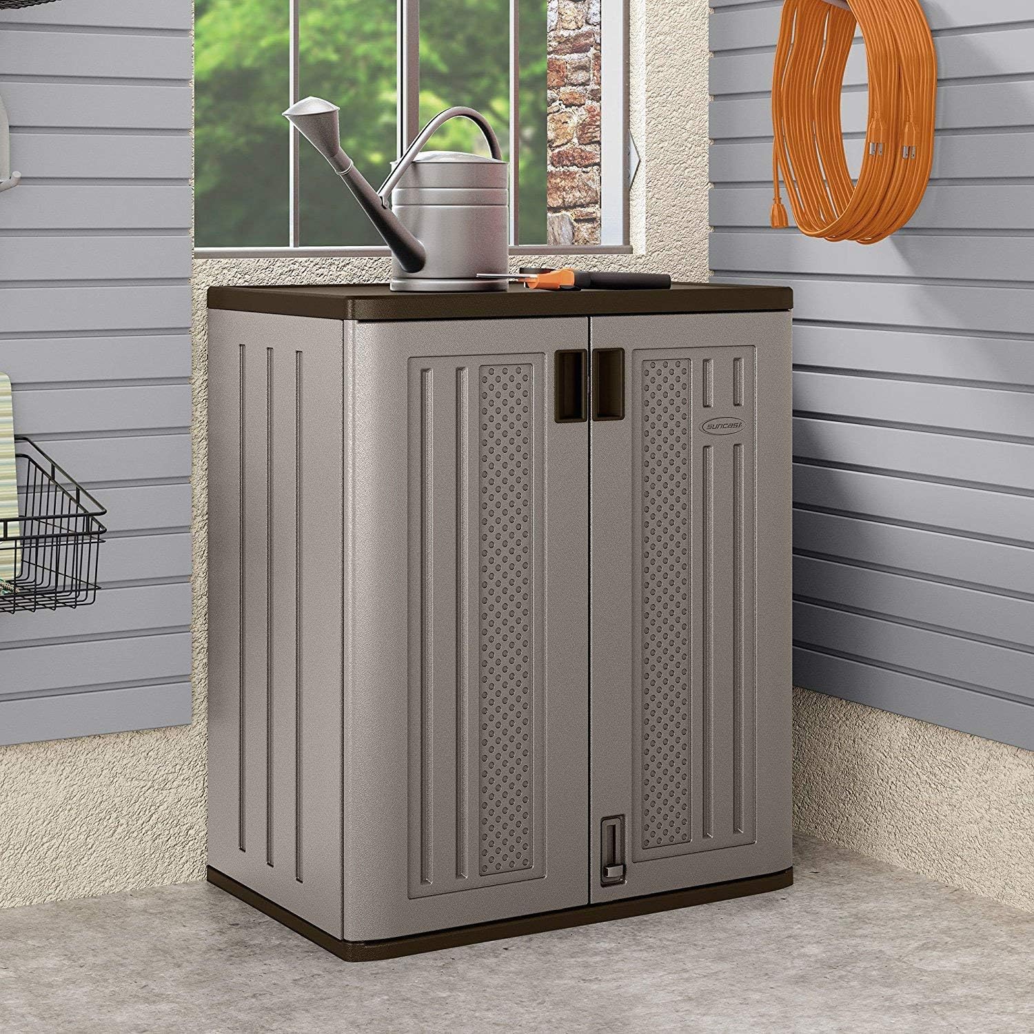 Suncast 3 Pack 9 Cu. Ft. Base Storage Cabinet, Resin Garage Organizer, Platinum Metallic/Slate