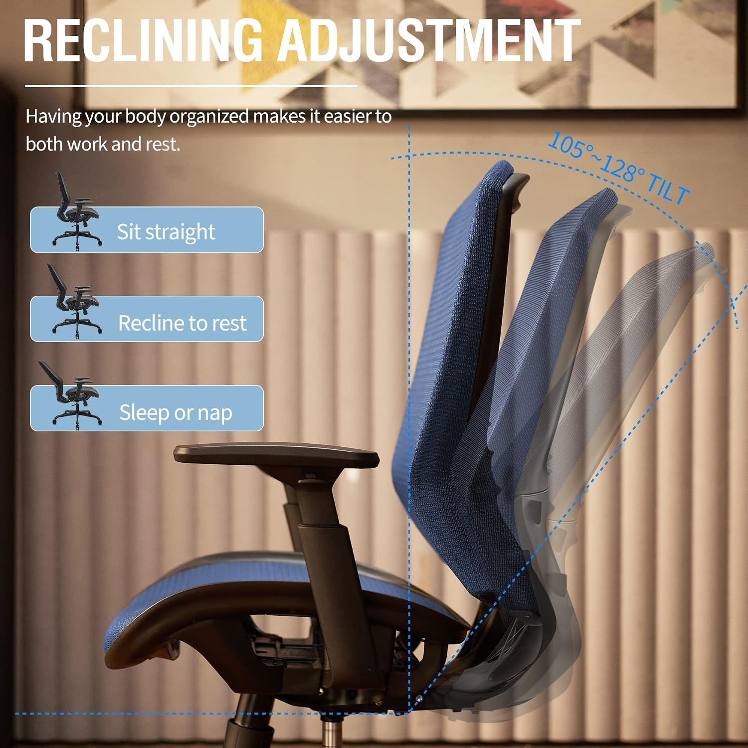 ELABEST Mesh Office Chair,Ergonomic Computer Desk Chair,Sturdy Task Chair- Adjustable Lumbar Support & Armrests,Tilt Function,Comfort Wide Seat,Swivel Home Office Chair (Blue)