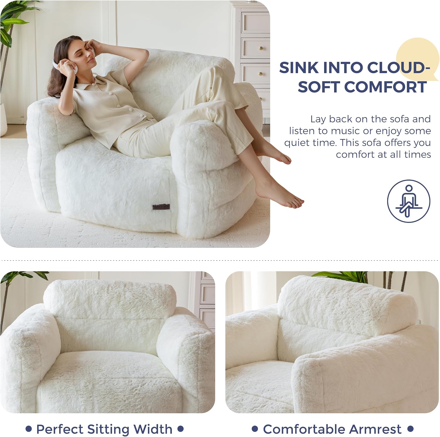 MAXYOYO Giant Bean Bag Chair for Adults, Ultra Soft Fluffy Bean Bag Sofa, Oversized Floor Sofa for Living Room Bedroom, Cozy Reading Chair with Filler, Beige