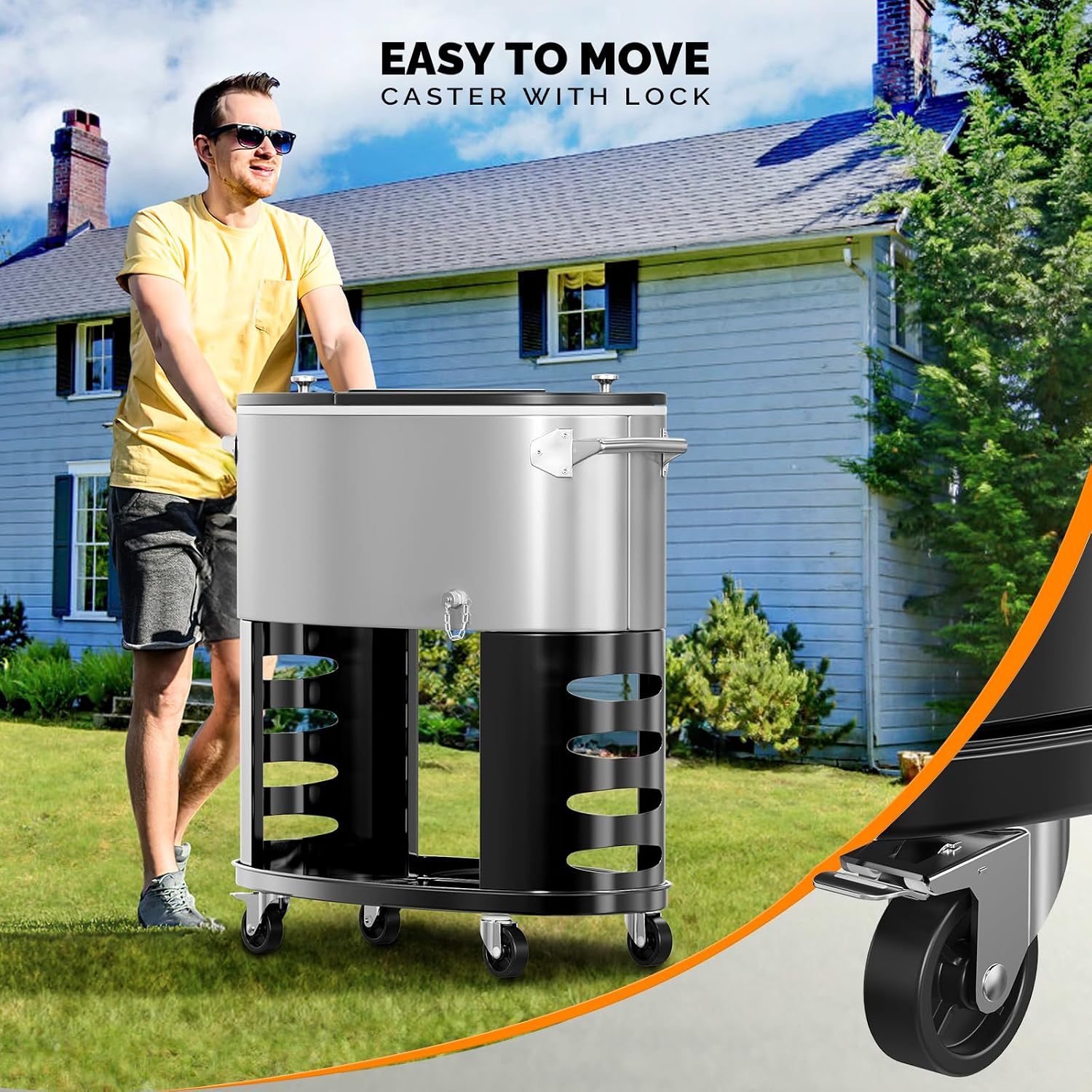 VINGLI Patio Cooler, Rolling Ice Chest on Wheels, Portable Patio Party Bar Drink Cooler Cart, with Shelf, Beverage Pool with Bottle Opener,Water Pipe