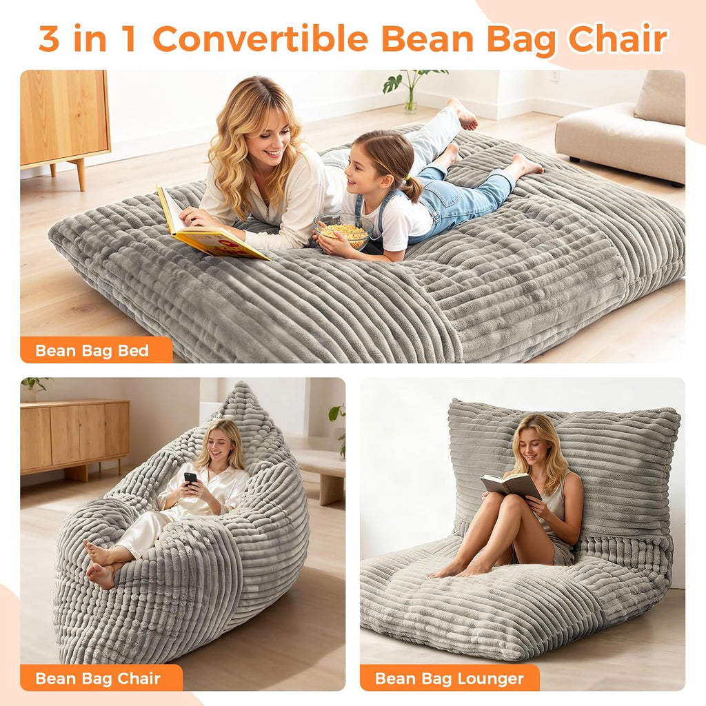 3 in 1 Giant Bean Bag Chair, Convertible Bean Bag Bed for Adults and Kids, Oversized Comfy Memory Foam Floor Sofa with Machine Washable Cover for Living Room, Bedroom & Dorm(Taupe)