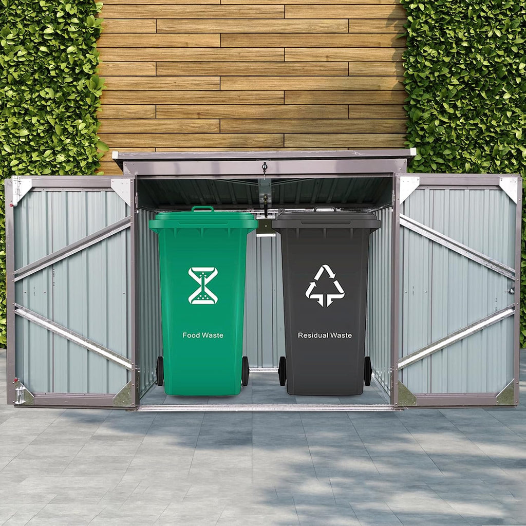 Garbage Bin Shed for 2 Trash Cans, Outdoor Metal Garbage Storage Shed with Lockable Door & Sloped Roof, Multi-Use Rust Prevention Galvanized Steel Enclosure for Yard, Garden, Patio (Gray)