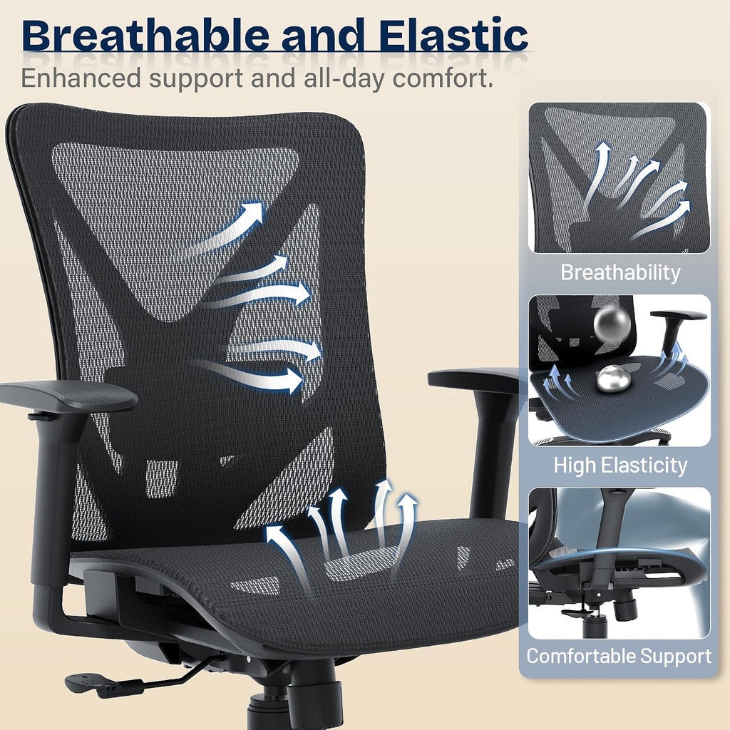 Ergonomic Office Chair, Mesh Computer Desk Chairs with Adjustable Lumbar Support, 3D Armrests, Tilt Function, Comfy Wide Seat, Swivel Executive Work Task Chair for Company and Home